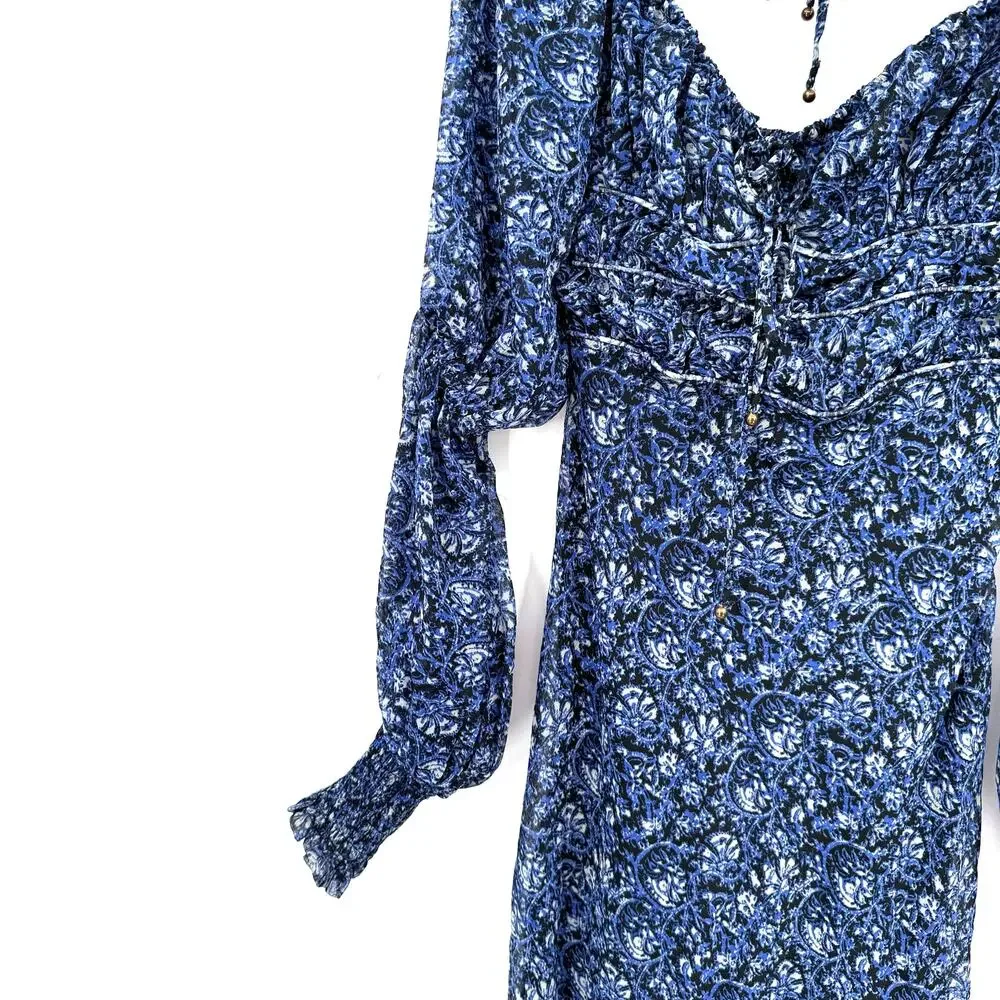 Free People Size XS Aglow Long Sleeve Midi Dress Blue‎ Bohemian Back Cutout